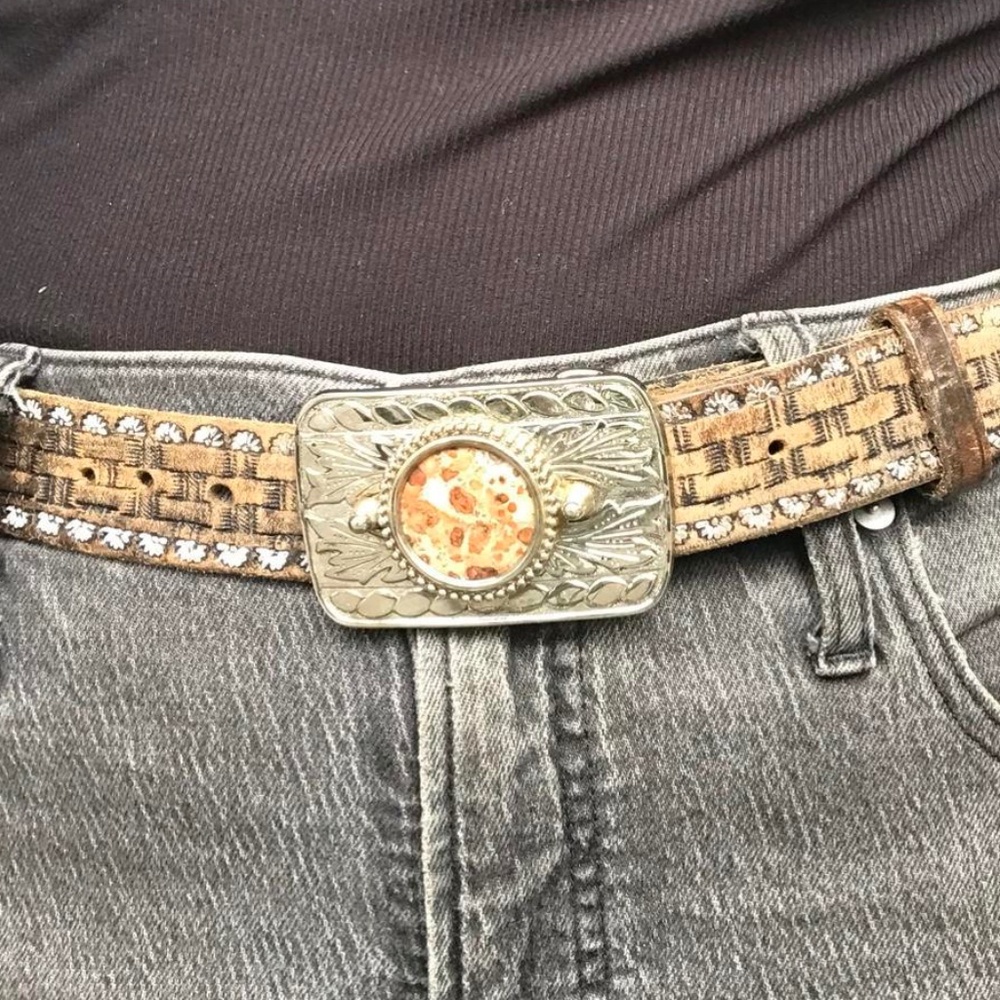 Gemstone cabochon western silver belt buckle